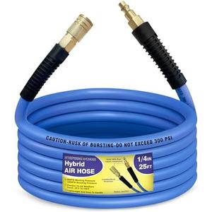 Air Compressor Hose 1/4 in x 25 ft, 300 PSI Heavy Duty Hybrid Air Hose with Quick Coupler and Plug Kit, Lightweight, Kink Resistant, All Weather Flexibility with Bend Restrictors, Blue