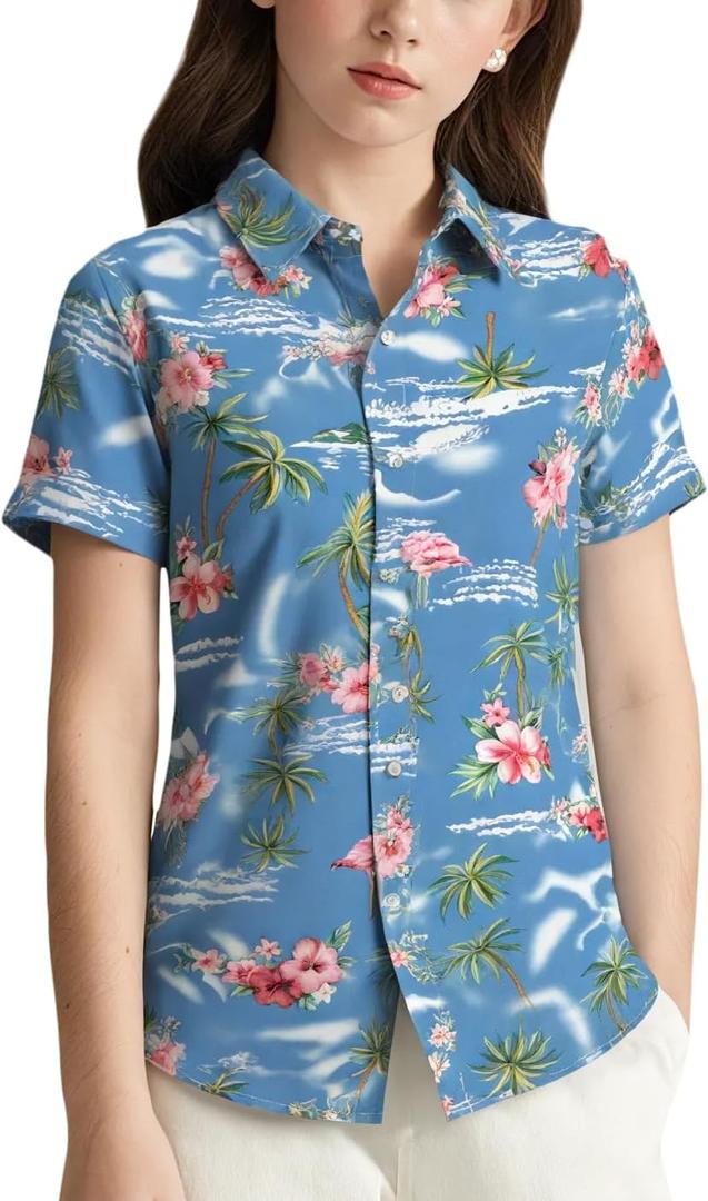 SSLR Big Girls Hawaiian Shirt Beach Tropical Summer Casual Short Sleeve Button Down Shirt, S