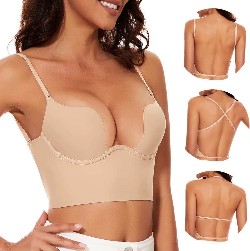 Low Back Bras for Women-Seamless Invisible Backless Bra-Lightly Lined Secret Plunge Open Back Multiway Halter Bras (Nude, 34A)