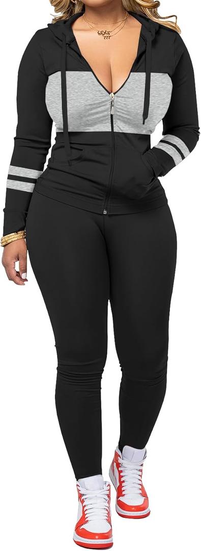 AUXDIO Women 2 Piece Outfits Color Block Casual Workout Sets Bodycon Tracksuit Zip Up Long Sleeve Hoodle Jacket Jogger Set (Large, Black)