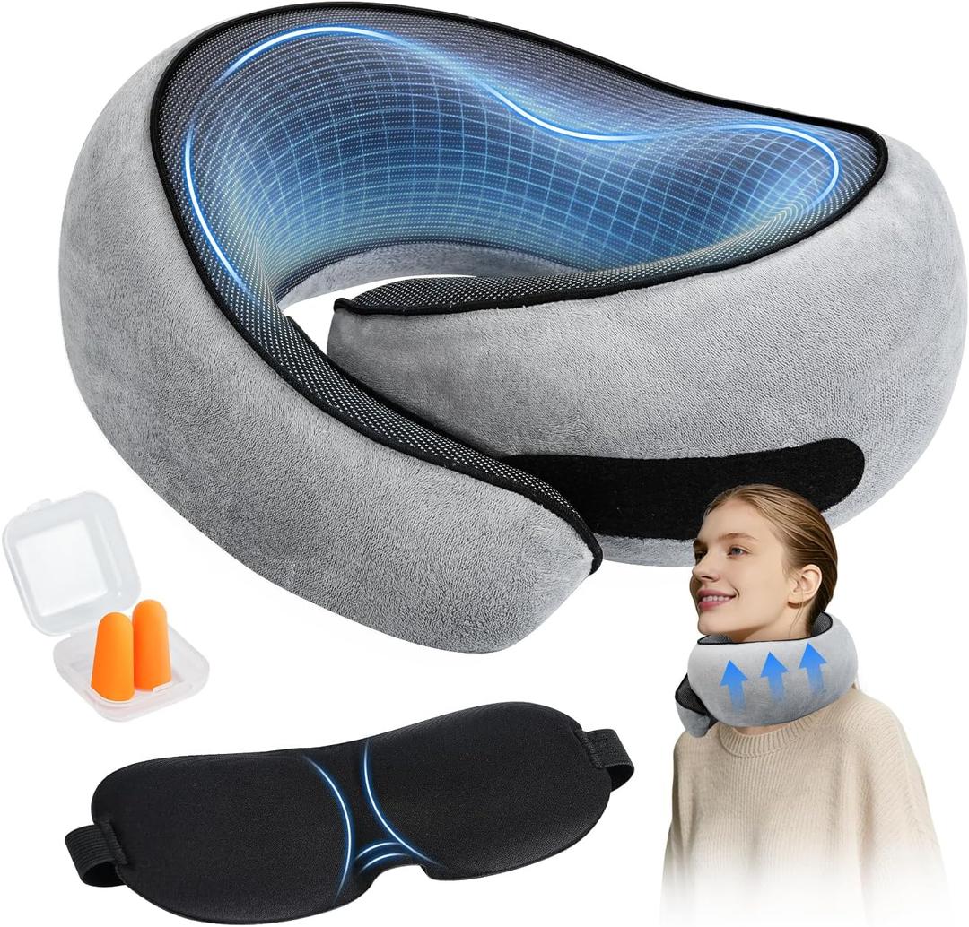 SYNNA Travel Neck Pillow for Airplane & Car, 360 Head and Chin Support, Ergonomic Memory Foam with Silky-Smooth Breathable Washable Cover for Flights, Road Trips & Office Naps