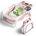 BUNWAG Baby Bathtub, Collapsible Newborn Bathtub for Infant to Toddler with Soft Cushion and Thermometer,Portable Travel Newborn Tub with No-Slip Feet, Baby Shower Gifts, 0-12 Months Baby Bath, Pink