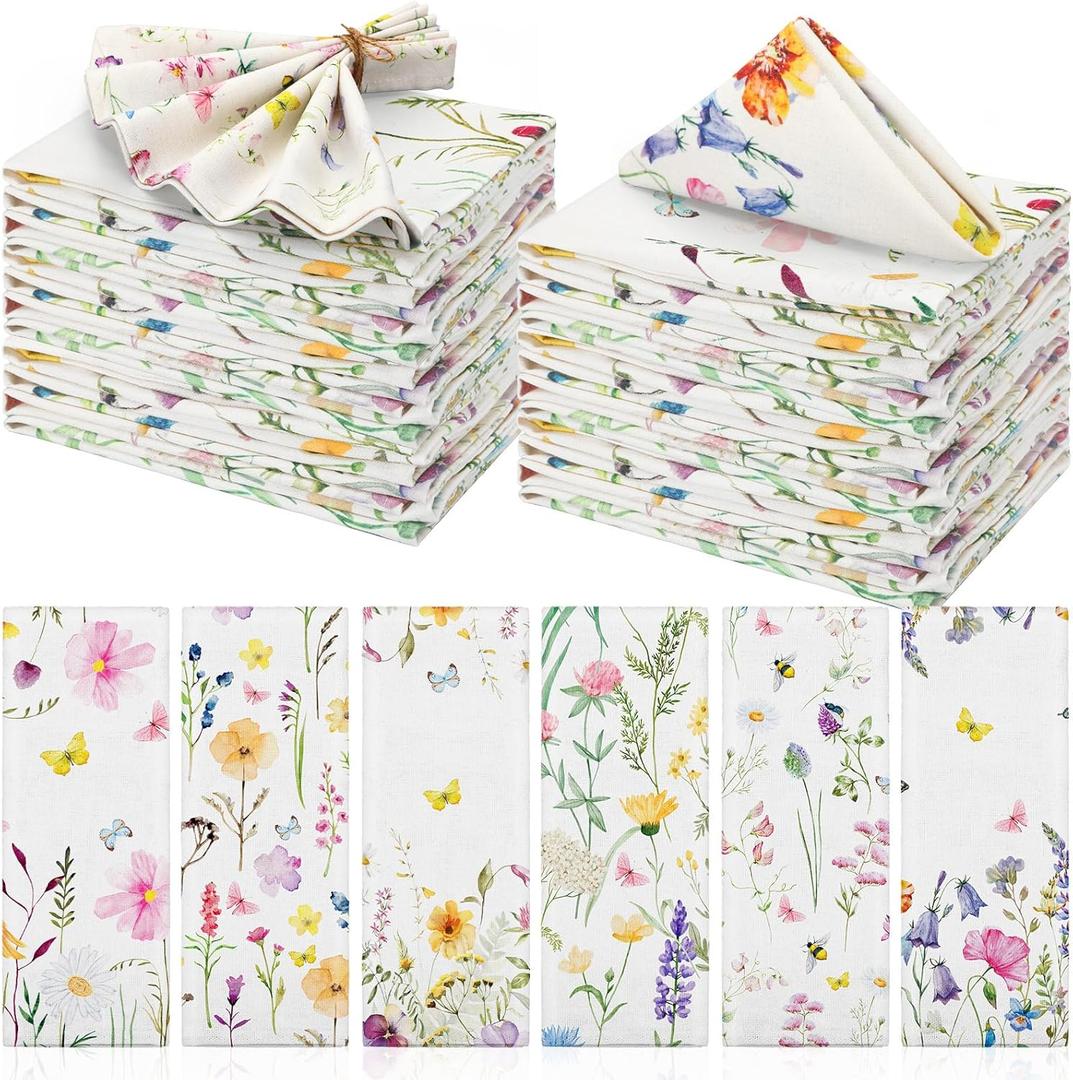 Cloth Napkins 15 x 15 Inch Reusable Soft Fabric Napkins Washable Plants Floral Square Napkin Cotton Dinner Towel Decorative for Summer Fall Party(Watercolor,24 Pcs)
