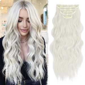 Clip in Hair Extensions for Women 20 Inch 5Pcs Long Wavy Curly Platinum Blonde with a little Gray Tone Hair Extensions Clip ins Full Head Synthetic Hair Extension for Women