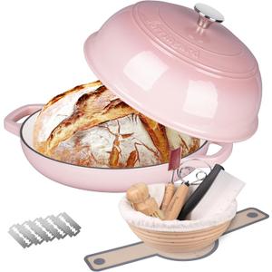 VORRINGARD Enameled Cast Iron Dutch Oven Pot with Lid, Bread Oven for Sourdough Bread Baking, Dutch Ovens with Bread Proofing Basket& Baking Supplies Set, 6 Quart, Pink