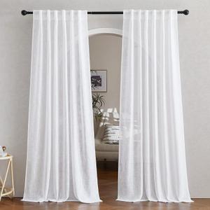 NICETOWN White Linen Sheer Curtains 90" Length, Rod Pocket & Back Tab Window Treatments Semi Sheer Curtain Drapes Privacy with Light Through for Living Room/Bedroom, 104 inch Length Total 2 Panels