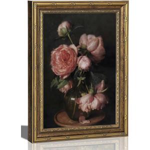 Gold Framed Vintage Dark Floral Canvas Wall Art, Retro Pink Peony Still Life Picture Wall Decor, Moody Flower Painting Print Artwork, for Living Room, Bedroom, Home Decoration 16x24in