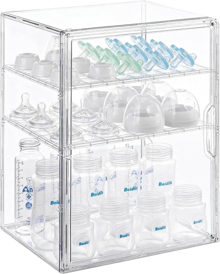 ERTIUANIO Baby Bottle Organizer 3 Tier Bottle Storage Organizer Baby for Nipples, Pump Parts, Food Jars Clear Acrylic Bottle Station Organizer for Countertop and Kitchen, Gifts for New Mom