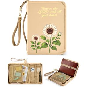 Bible Cover Case for Women, Large PU Leather Bible Bag with Multiple Pockets, Reinforced Handle and Wrist Strap, Zippered Organizer for Bible Study and Church, Gift for Her, Beige