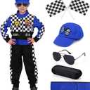 Latocos Kids Race Car Driver Costume Boys Girls Racer Jumpsuit With Car Cap Sunglasses Kids Dress Up Role Play for Halloween (XL(10-12), Blue)
