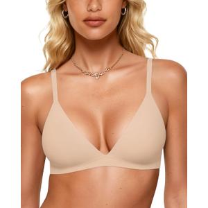 OEAK Womens Comfortable Triangle Bras No Underwire Sexy Plunge Unlined Bralette Pull On Bra Seamless Everyday Tshirt Bras (Beige, S)