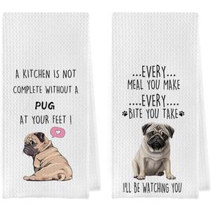 Geqtt Funny Pug Dish Towels Set - Pug Waffle Weave Kitchen Towels, Pug Decorative Hand Tea Towels for Bathroom Kitchen, Pug Gifts for Pug Lovers (16×24 Inches Set of 2)