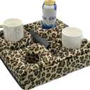 Couch and Bed Cup Holder Pillow, Sofa Refreshment Tray for Drinks/Remote Control/Snacks Holder (Leopard)
