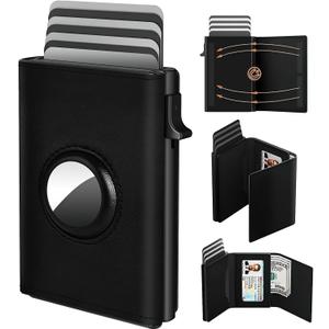 Wallet for Men Credit Card Holder for Men Air Tag Rfid Blocking Card Mens Wallet Leather Pop Up Aluminum Case Black Trifold Magnetic Money Clip Gifts for Him