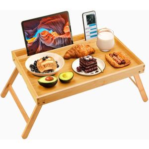 Pipishell Large Bed Tray Table with Folding Legs & Slot, Bamboo, Natural