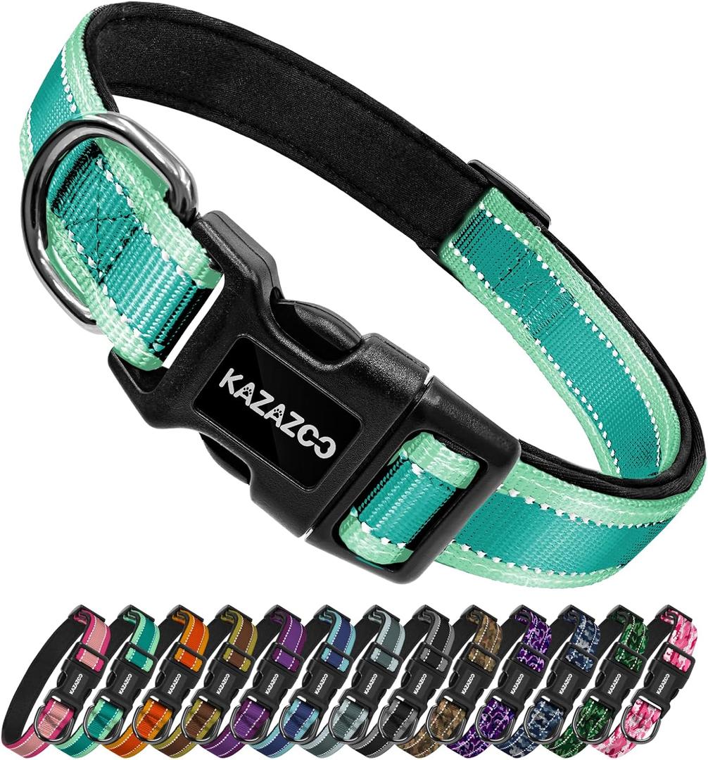 2 x Kazazoo Reflective Dog Collar with Soft Padding Dog Collar for Medium & Small Dogs, No Pull, Heavy Duty, Adjustable Nylon Collar with Quick-Release Buckle, Walking Training-Green-S