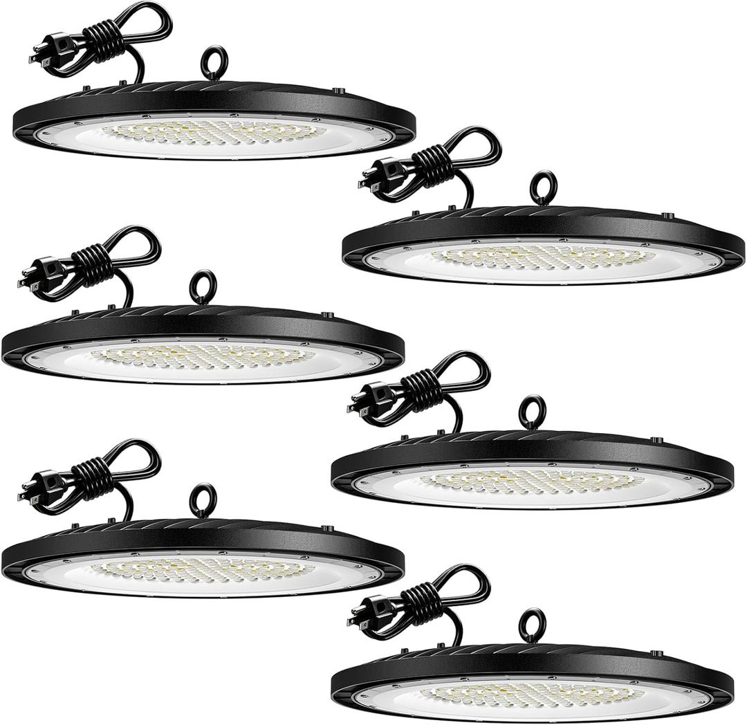 Amico 6 Pack UFO LED High Bay Light 200W 28,000lm 5000K with UL Listed US Hook 5' Cable Alternative to 650W MH/HPS for Gym Factory Barn Warehouse Lighting Fixture