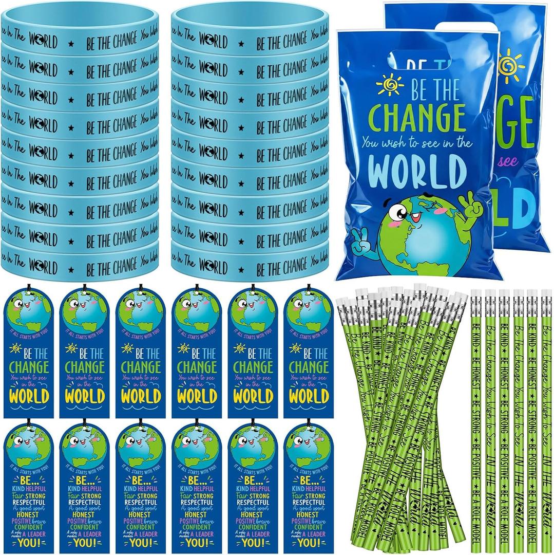 Resurhang 200 Pcs Earth Day Assorted Items Bulk 50 Sets Be the Change You Wish to See in the World Plastic Goody Bags Inspirational Bookmark Pencil Wristband Accessories for Classroom Party Favor