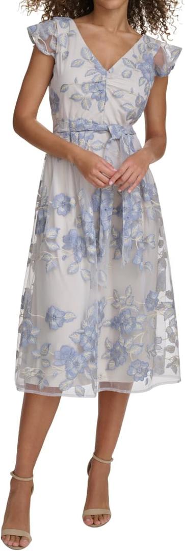 Kensie Womens Cap Sleeve Tie Wasit Midi Dress (10, Peri / Gold)