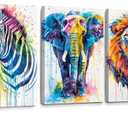 Framed Colorful Safari Nursery Wall Decor Triptych Animal Canvas Wall Art Lion Elephant Zebra Minimalist Poster Prints Decor for Children’s Room Nursery Toddler Room 12" x 16"