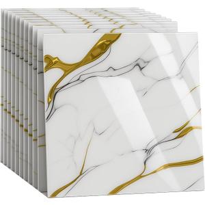 Peel and Stick Kitchen Backsplash Tiles 16PCS Waterproof Self Adhesive Wall Stickers for Kitchen, Easy DIY Stick On Tile Backsplash, Heat Resistant Decorative Wall Covering (White and Gold), 11.8" x 11.8" x2.5MM x 16Pack