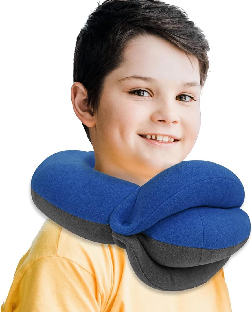 BUYUE Kids Travel Pillows for Airplane, 360 Head Support Sleeping Essentials for Boys Long Flight, Skin-Friendly Soft Neck Pillow for Traveling in Car Seat, (Small, Blue Grey, 40-90 lbs)