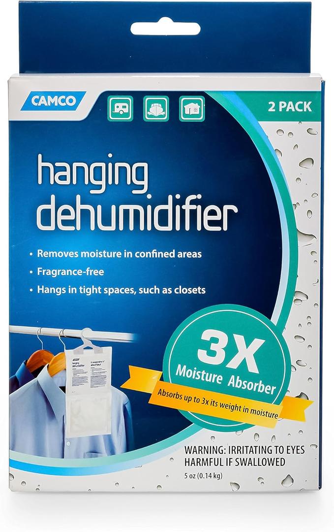 Camco 44286 Fragrance Free Hanging Dehumidifier-Convenient Hook Absorbs up to 3x Its Weight in Water, Reduces Moisture and Humidity in Closets and Tightly Confined Spaces, 2 Pack (One Size)