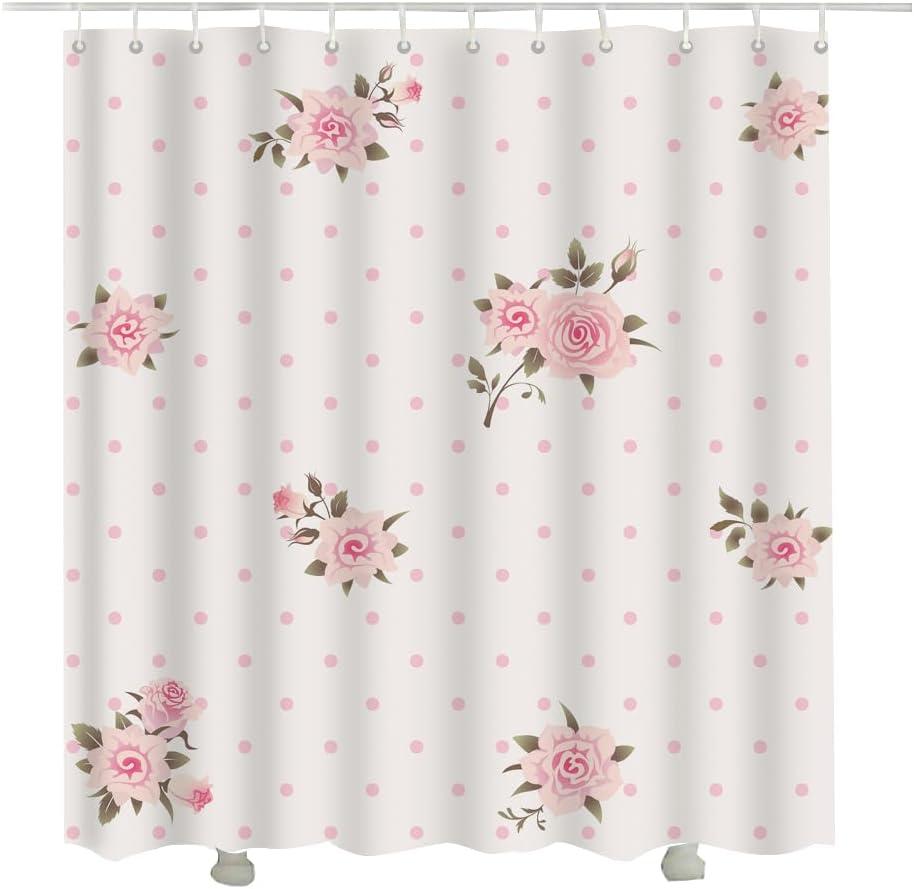 Floral Polka Dot Background Shower Curtain Shabby Chic Style Pattern with Pink Roses 72 x 72 Curtain for Bathroom Shower Curtain Set with Hooks Home Bath Curtain