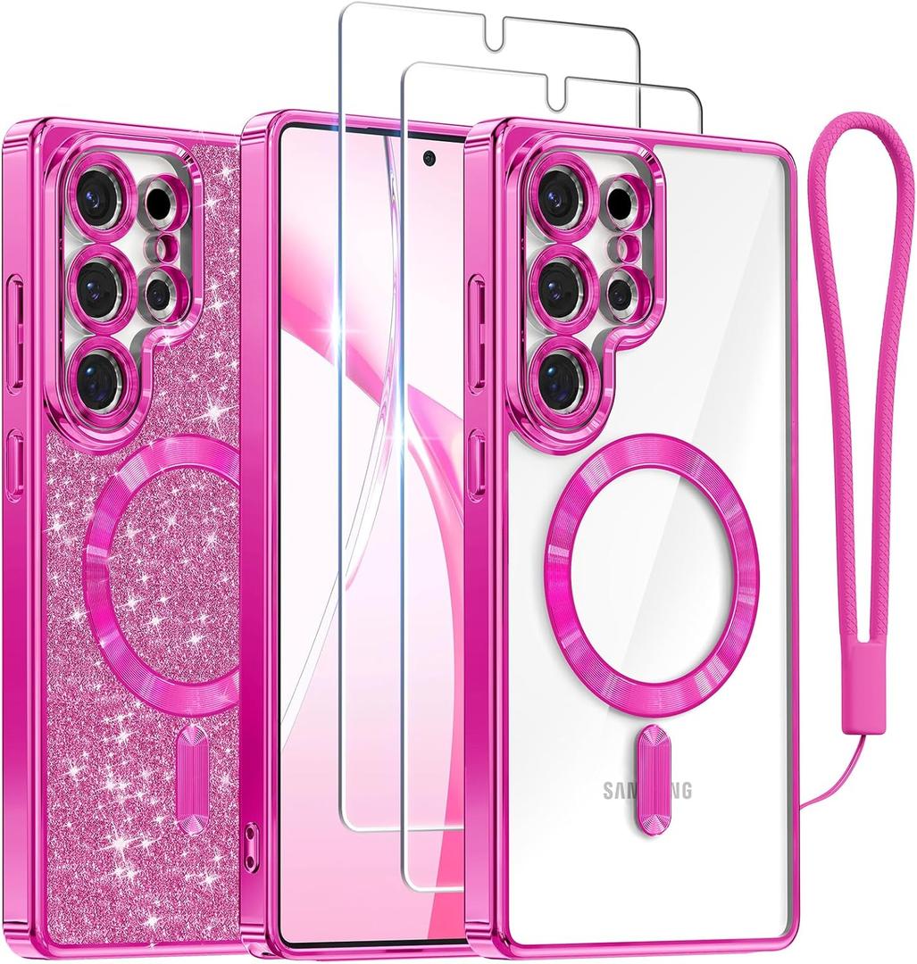 Meifigno Case Designed for Samsung Galaxy S25 Ultra 6.9 inch, [Compatible with MagSafe] [2X HD Screen Protectors] [Glitter Card & Wrist Strap] Full Lens Protection Case for Galaxy S25 Ultra, Hot Pink