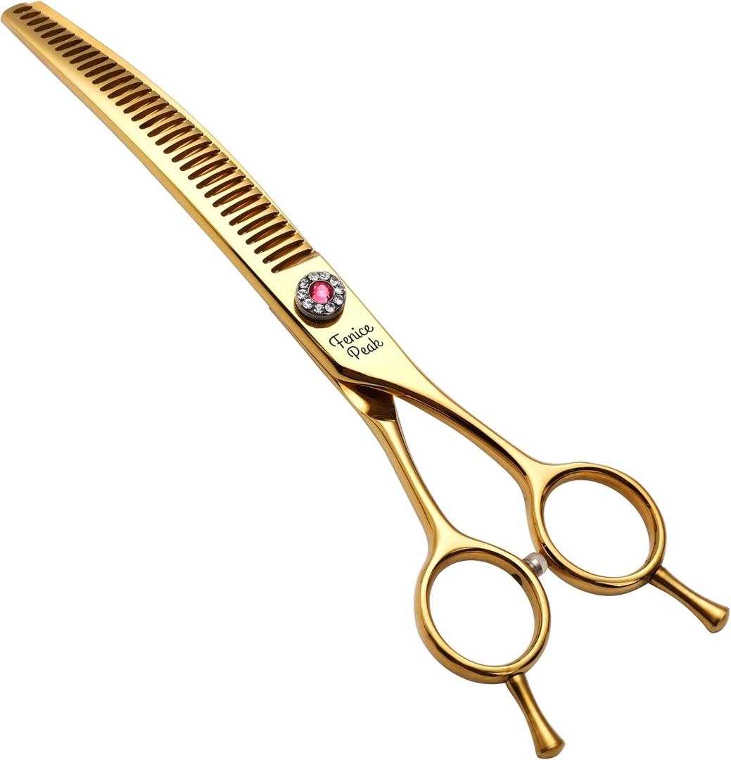 Professional Dog Grooming Scissors Pet Curved Chunker Shears 7.0'' Extremely Sharp Blades 440C Steel Thinning Scissors Durable Smooth Motion & Fine Cut for Dogs and Cats(Gold)