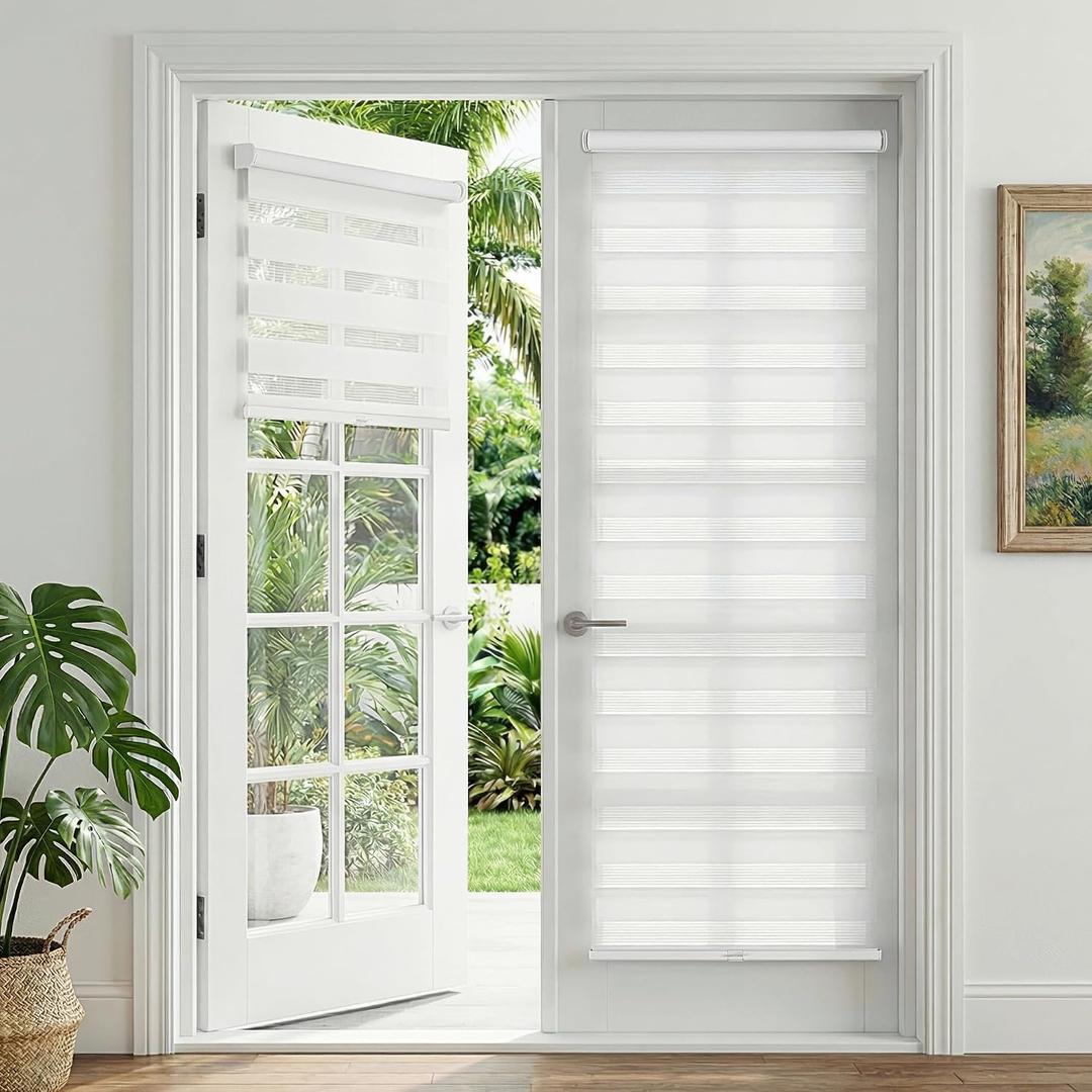 LazBlinds No Drill Zebra Blinds for French Door, Cordless Blinds for Door with 27" Covering Width, Small Gap Design Light Filtering Sheer Shades for Indoor Windows, 27 5/8" W x 42" L, White, 1 Panel