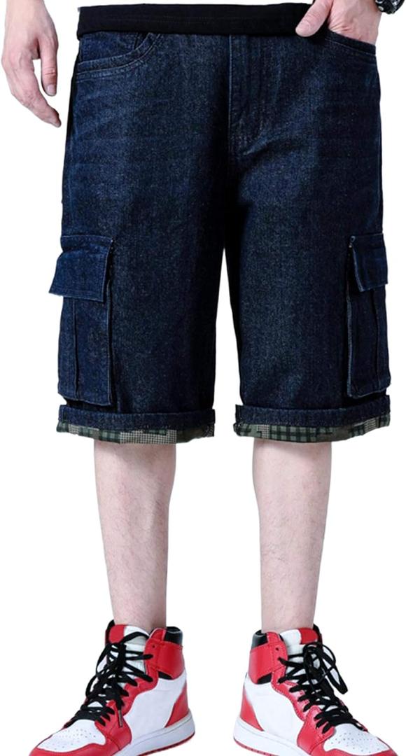 Yeokou Men's Loose Hip Hop Cropped Jeans Work Denim Shorts with Cargo Pockets (38, Blackblue)