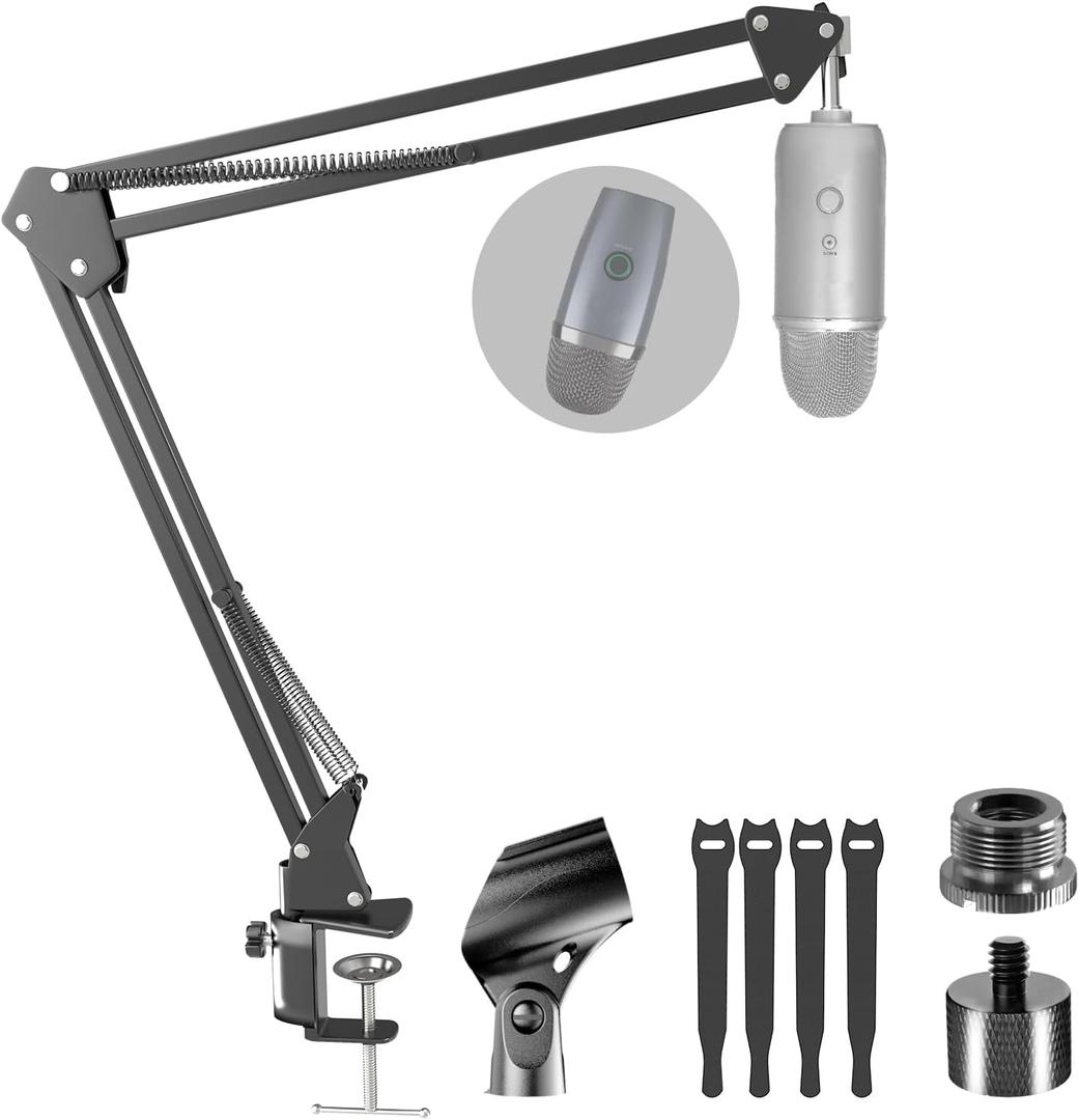 Boom Arm Microphone Mic Stand for Blue Yeti HyperX QuadCast SoloCast Snowball and Other MicSuspension Scissor Mic Stand with Heavy Duty Clamp, 3/8" to 5/8" Adapter, 3/8" to 1/4" Adapter