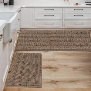 H.VERSAILTEX 2 Piece Bathroom Set - Super Absorbent Chenille Striped Bath Mats, Non Skid, Machine Washable (Taupe Brown, 47 x 17 Plus 17 x 24 - Inches)