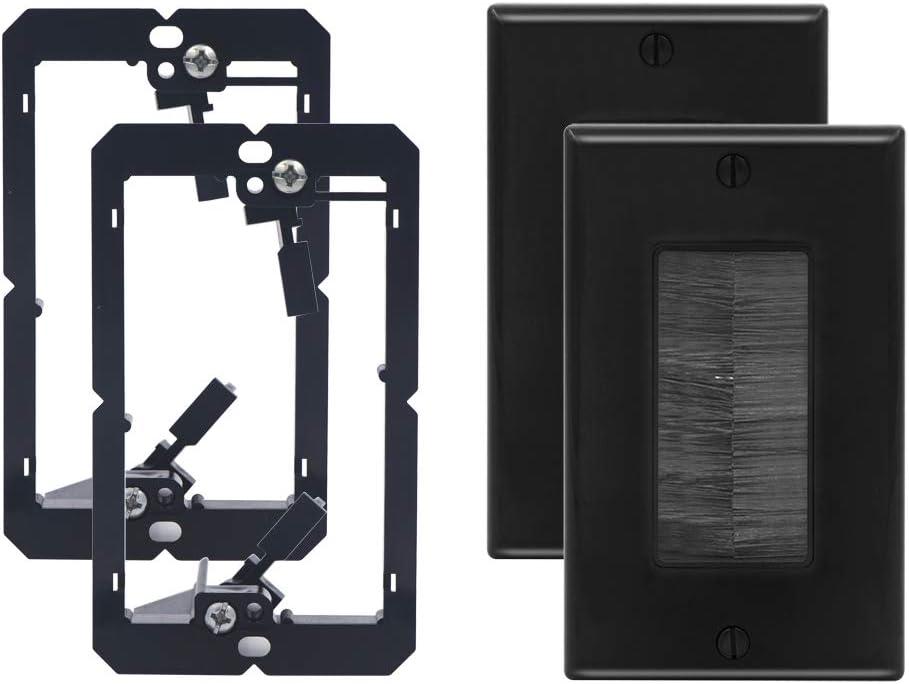 VCE Brush Wall Plate with Bracket, Cable Pass Through Insert Single Gang Decorator Wall Cover for Low Voltage Cables, Cord Hider for Wall Mount TV, Home Theater System, Black (2-Pack) (Black)
