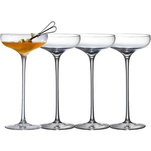 Crystal Cocktail Coupe Glasses, Long Stem, Hand Blown, 8 oz, Set of 4, Clear
