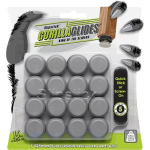 GorillaGlides 1 Inch Chair Sliders/Furniture Floor Protectors (16 Furniture Glides) Self-Adhesive Screw On Chair Glides for Sliding on Low-Pile Carpet & Hard Surface Floors, Round