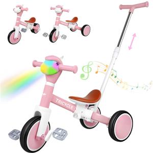 5-in-1 Toddler Tricycle with Lights & Music, Adjustable Push Kids Bike for 1-5 Year Olds, Toddler Balance Bike & Tricycle for Boys & Girls, Birthday Gift for 1 2 3 4 5 Year Old Kids (Pink)