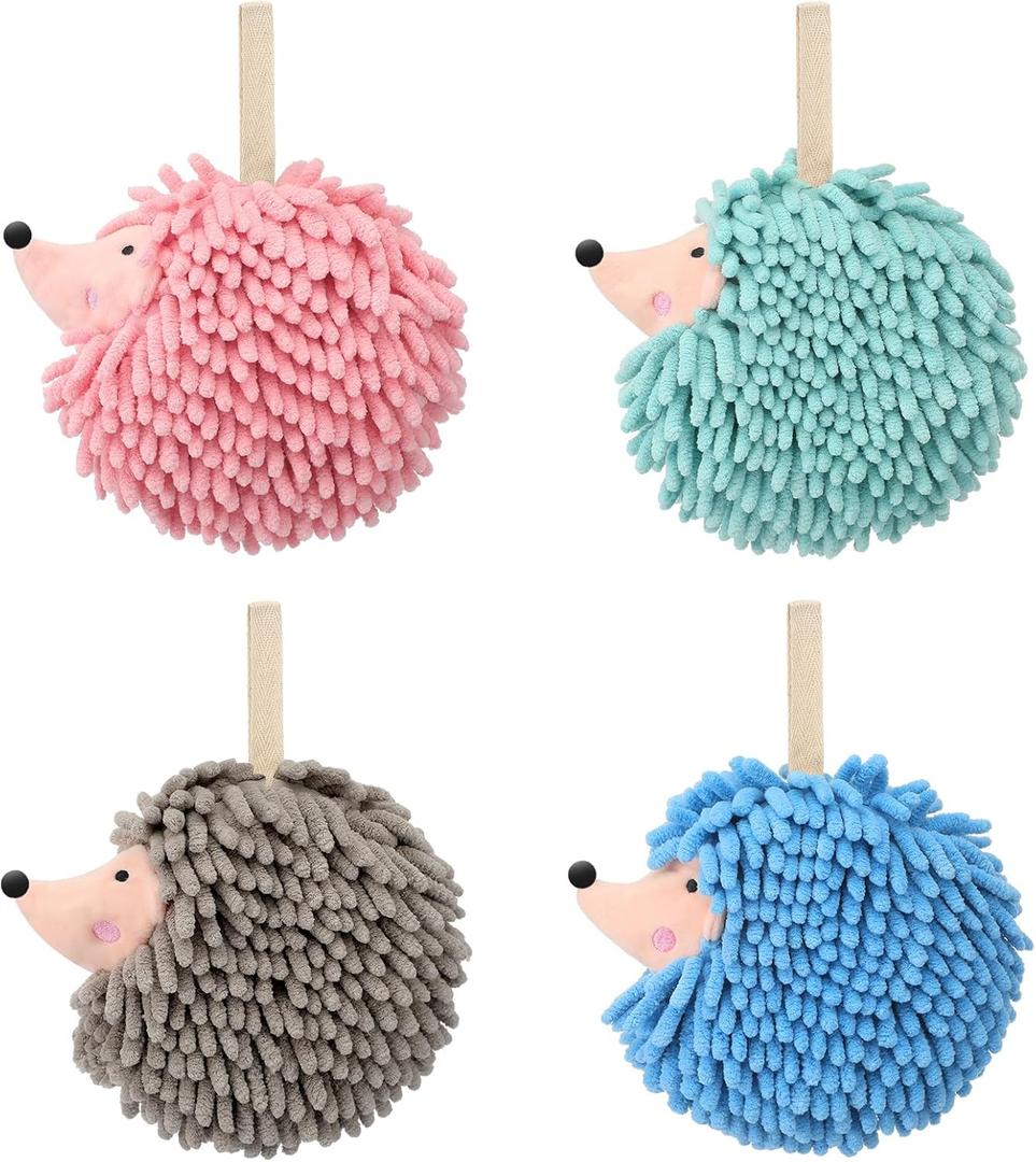 4 Pcs Chenille Fuzzy Ball Hand Towels Hedgehog Decorative Towels Absorbent Funny Hanging Hand Drying Towel with Button Loop for Bathroom Kitchen Washstand Bedroom Drying, 4 Colors