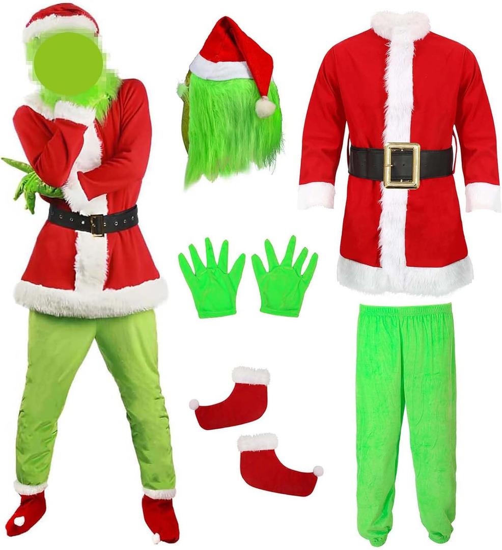 6PCS Christmas Monster Costume Mask Green Big Monster Costume Funny Santa Furry Outfit Adults (Medium)