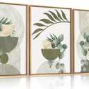 FWIEXA Sage Green Plant Canvas Wall Art Set 3, Abstract Geometric Line Botanical Framed Prints, Beige Minimalist Boho Leaf Paintings,16x24In Mid Century Modern Artwork for Living Room,Bedroom,Office