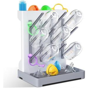Baby Bottle Drying Rack: Vertical Space Saving Large Bottles Holder - Standing Boon Dryer Rack Baby Accessory - Countertop Holds Up to 12 Bottles & Pump Part Cleaning & Cup (Blue) (Gray)