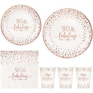 Crisky Rose Gold Foil 90 Fabulous Napkins, Cups Set for Women's 90th Birthday Party Decorations, Disposable Tableware Set of 24 (9" Plates, 7" Plates, Luncheon Napkins, 9oz Cups)