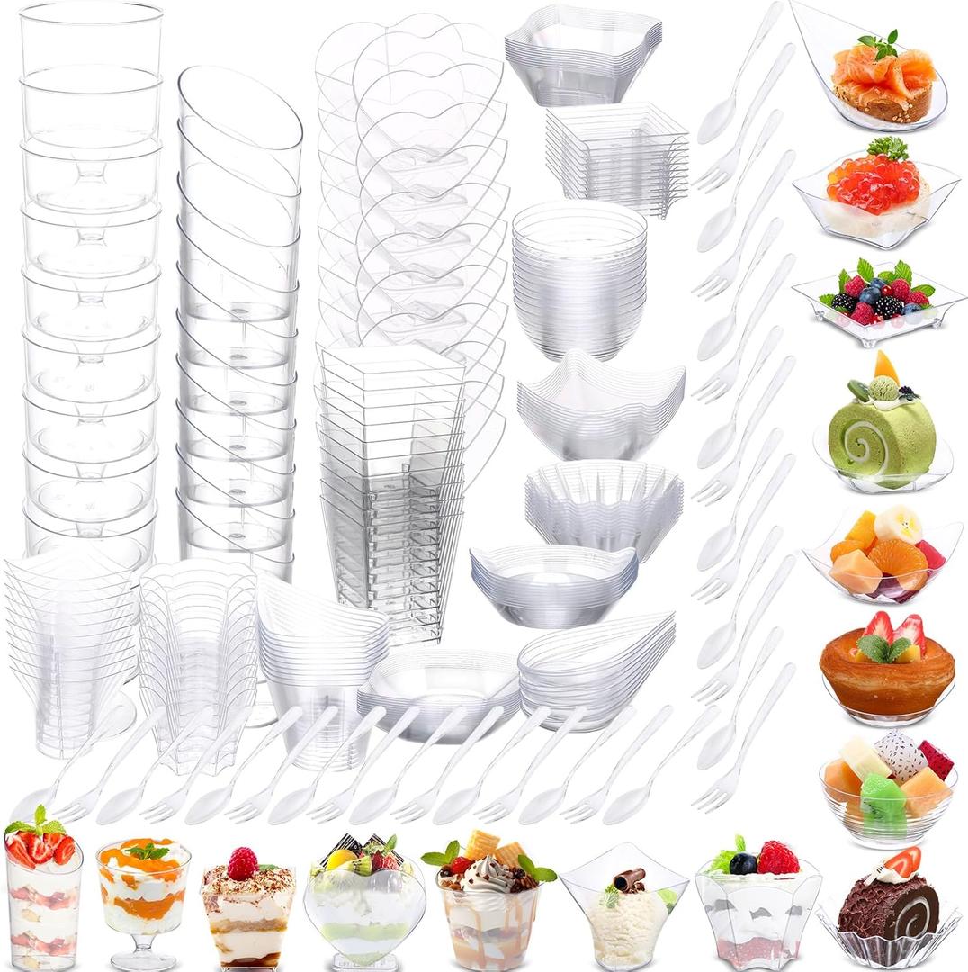Honeydak 450 Pcs Disposable Clear Appetizer Plates with Spoons Forks 15 Styles Mini Dessert Cups 150 Forks 150 Spoons Plastic Dessert Containers Assorted Shape Parfait Cups for Wedding Party Serving