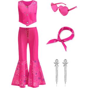 Girls Pink Costume 6Pcs Cowgirl Movie Cosplay Kids Disco Outfits Set Halloween Birthday Party Dress up (9-10Y/150)