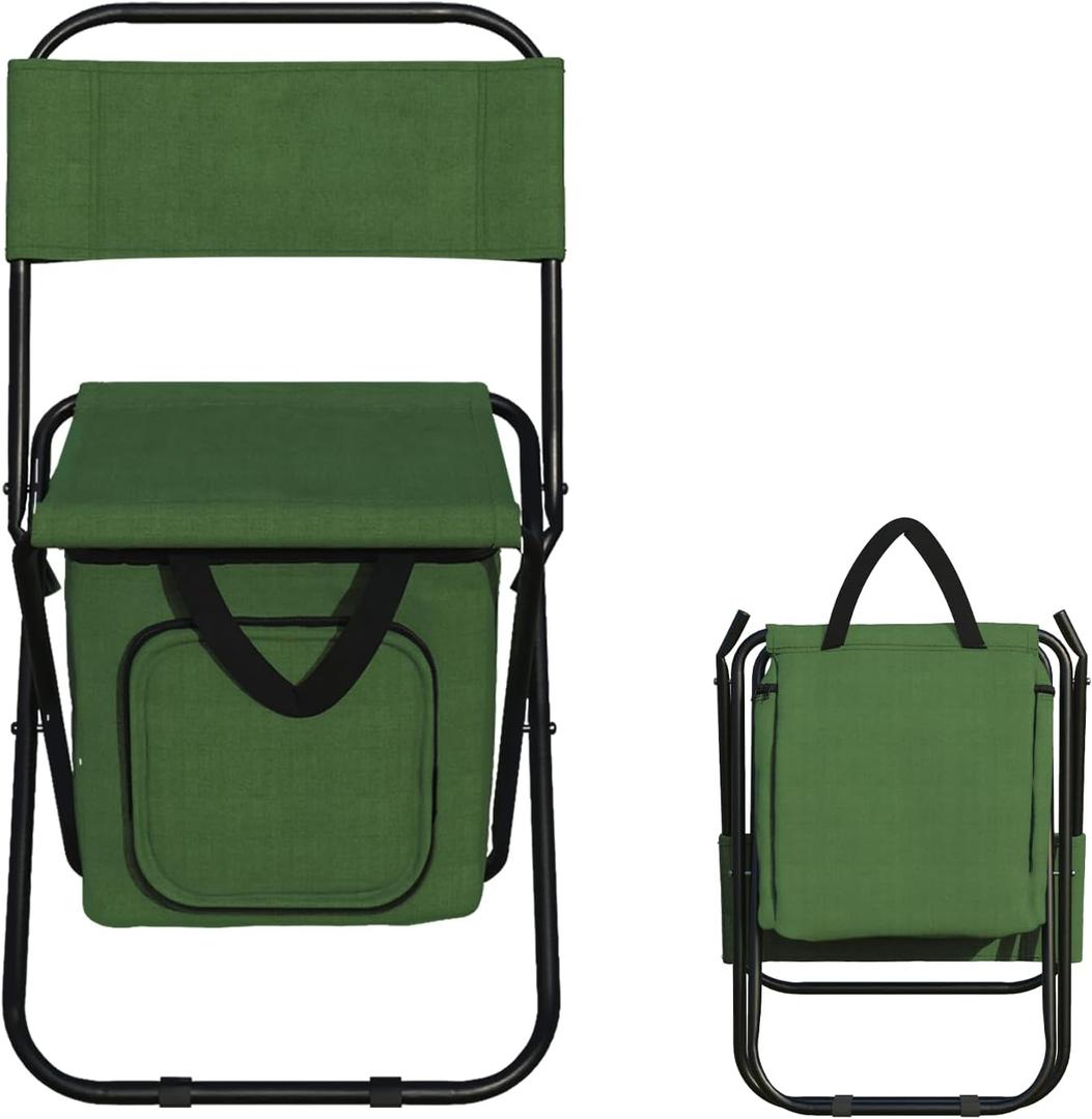 MINI Foldable Chair with Cooler Bag, Multi-Function Foldable Compact Fishing Stool Hunting Chair Portable Backrest Stool for Finishing Camping Hunting Travel (Green)
