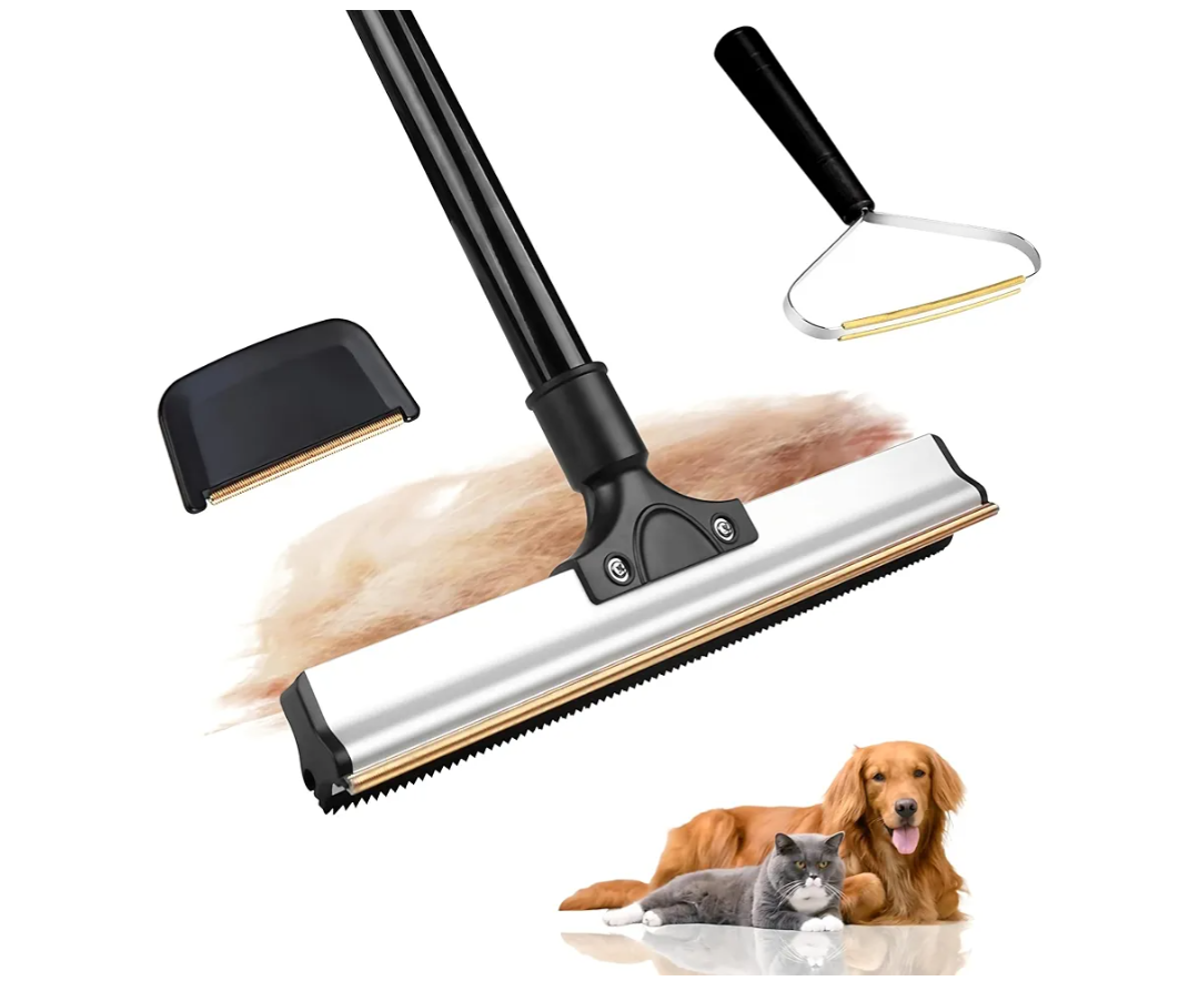 2025 DualEdge Carpet Rake for Pet Hair Removal & Fluffing Matted Carpet – 61" Adjustable Handle, Deep Clean Dog & Cat Hair Remover, Reusable Scraper for Rugs, Low Pile Carpet, Couch & Stairs (Set 3)