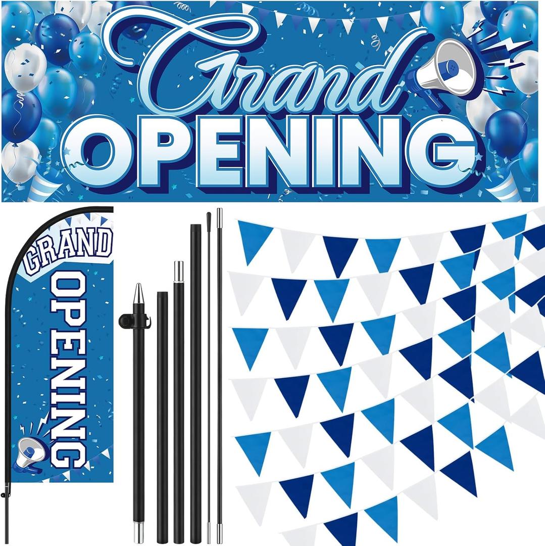 Fanfanwin 7 ft Blue-white Grand Opening Feather Flag for Business Grand Opening Banner Decoration with Pole Kit Tall Advertising Pennant Banner Bunting String Triangle Flags Set for Outside Store Sign