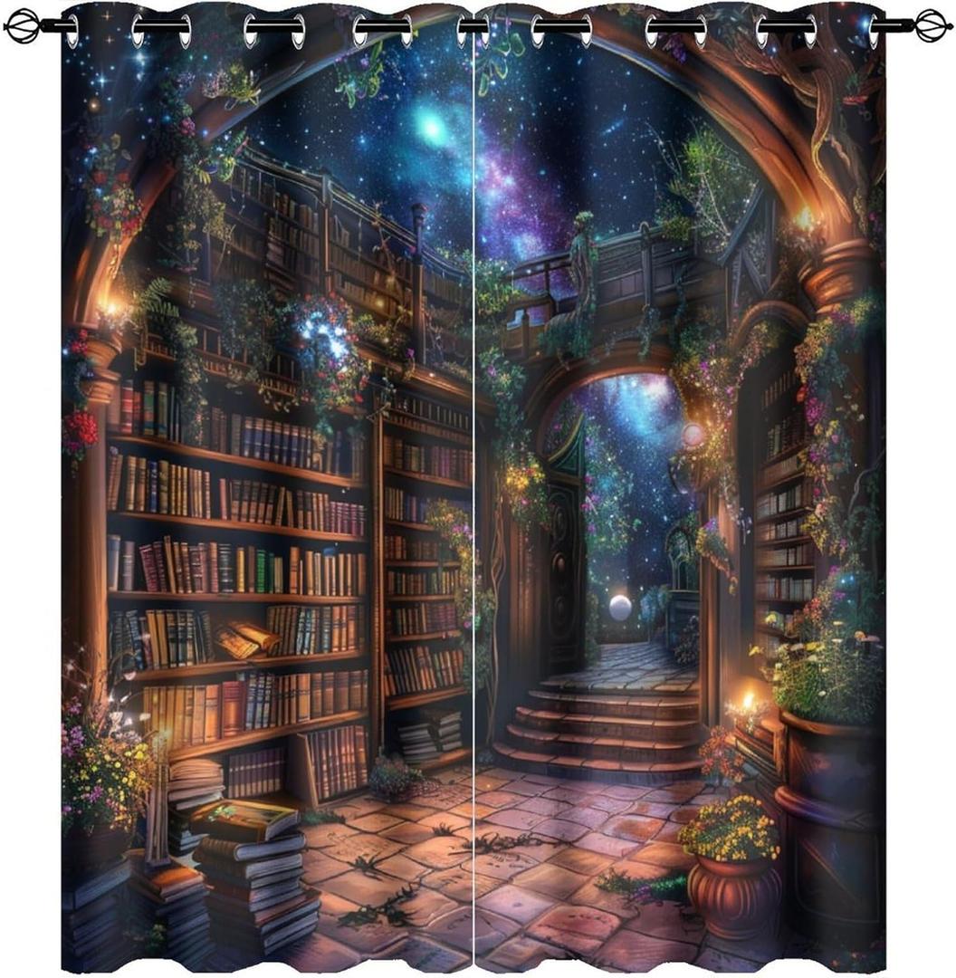 Abstract Bookshelf Blackout Curtains for Bedroom Living Room, Plants Library Star Fantasy Thermal Insulated Curtains Window Drapes with Grommet, 21W x 45L, 2 Panels