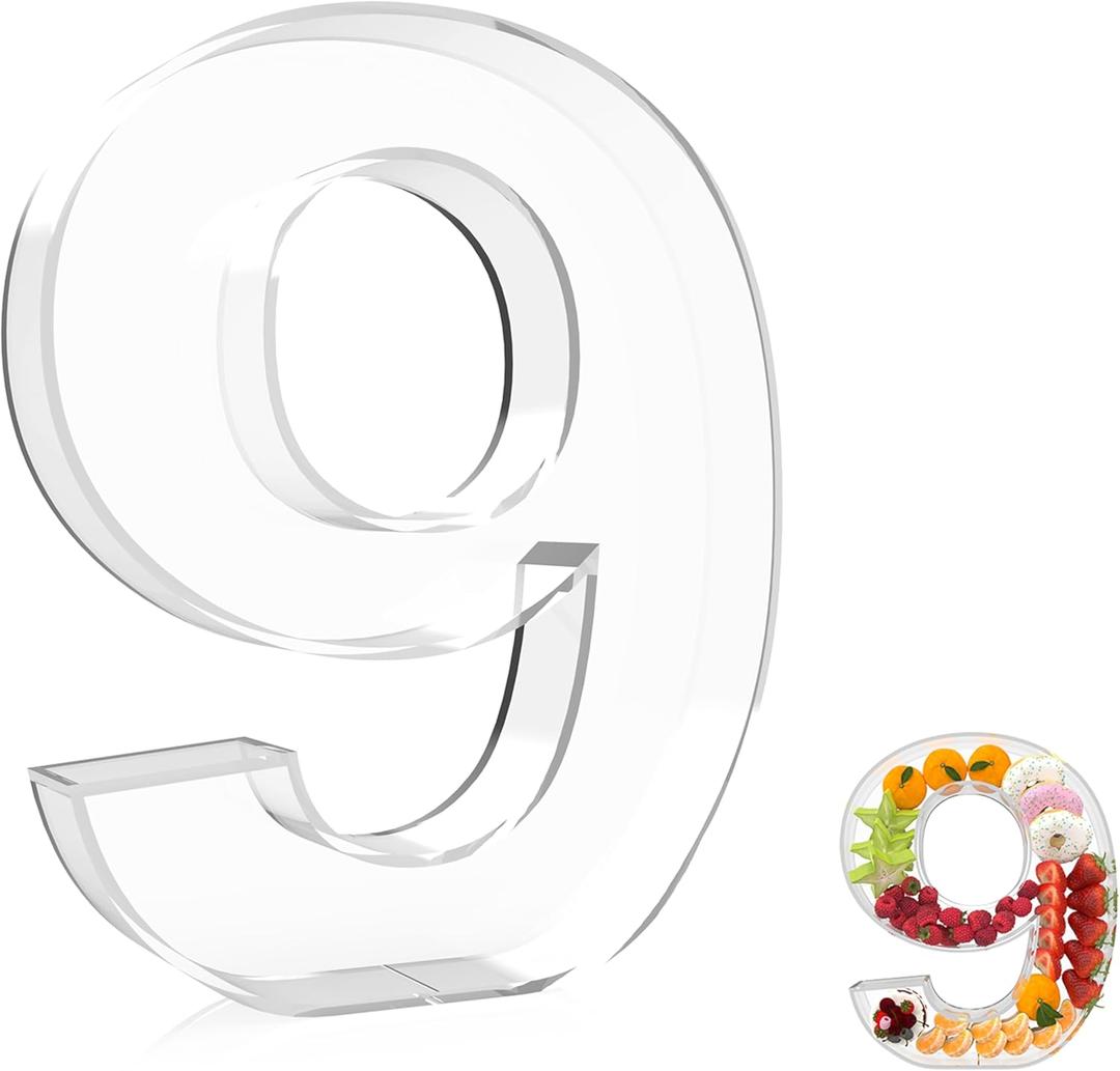 13.8" Extra Large Acrylic Number Charcuterie Board Box, Reusable Fillable Number Cake Candy Dish Display Serving Tray for Birthday Anniversary Party Decoration (9)